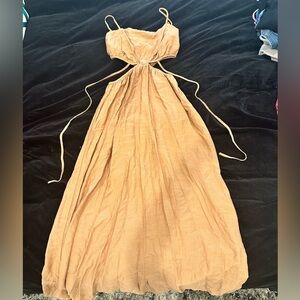Moon River Dress, side cut, tie back dress, tan, size S